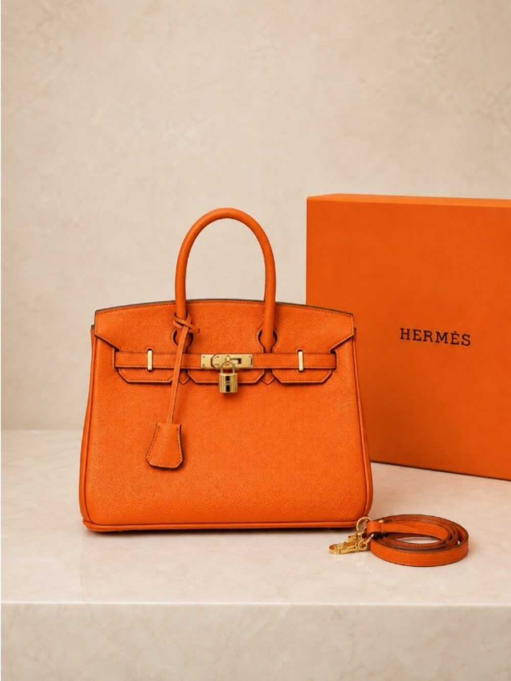 Hermès Orange Leather Structured Satchel with Gold Hardware